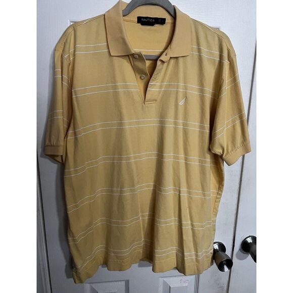 Nautica Polo Shirt Yellow White Stripes Short Sleeve Size Large‎ Collared - Picture 1 of 3